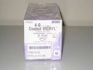 Picture of Suture with Needle Coated Vicryl™ Absorbable Coated Undyed Suture Braided Polyglactin 910 Size 4 - 0 18 Inch Suture 1-Needle 16 mm Length 1/2 Circle - Compound Curve Reverse Cutting NeedleJ656G