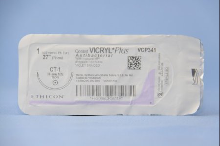 Picture of Antibacterial Suture with Needle Coated Vicryl™ Plus Absorbable Coated Violet Suture Braided Polyglactin 910 with Irgacare MP Antibacterial Suture Size 1 27 Inch Suture 1-Needle 36 mm Length 1/2 Circle Taper Point NeedleVCP341H