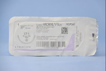 Picture of Antibacterial Suture with Needle Coated Vicryl™ Plus Absorbable Coated Violet Suture Braided Polyglactin 910 with Irgacare MP Antibacterial Suture Size 1 27 Inch Suture 1-Needle 36 mm Length 1/2 Circle Taper Point NeedleVCP341H