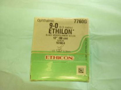 Picture of Suture with Needle Ethilon™ Nonabsorbable Uncoated Black Suture Monofilament Nylon Size 9 - 0 12 Inch Suture Double-Armed 5.5 mm Length 1/2 Circle Micropoint - Spatula Needle7760G