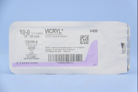 Picture of Suture with Needle Coated Vicryl™ Absorbable Coated Violet Suture Braided Polyglactin 910 Size 10 - 0 12 Inch Suture Double-Armed 5.5 mm Length 1/2 Circle Spatula NeedleV450G