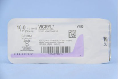 Picture of Suture with Needle Coated Vicryl™ Absorbable Coated Violet Suture Braided Polyglactin 910 Size 10 - 0 12 Inch Suture Double-Armed 5.5 mm Length 1/2 Circle Spatula NeedleV450G