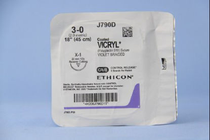 Picture of Suture with Needle Coated Vicryl™ Absorbable Coated Violet Suture Braided Polyglactin 910 Size 3 - 0 18 Inch Suture 1-Needle 22 mm Length 1/2 Circle Reverse Cutting NeedleJ790D