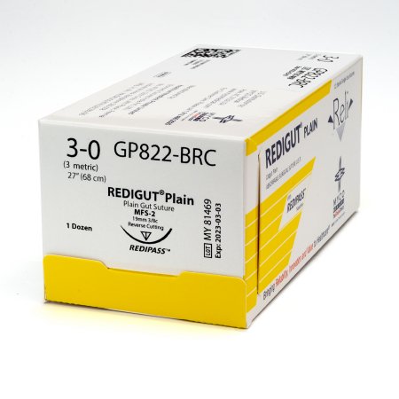 Picture of Suture with Needle Reli® Absorbable Uncoated Undyed Suture Plain Gut Size 3 - 0 27 Inch Suture 1-Needle 19 mm Length 3/8 Circle Reverse Cutting NeedleGP822-M