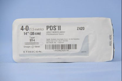 Picture of Suture with Needle PDS™ II Absorbable Uncoated Violet Suture Monofilament Polydioxanone Size 4 - 0 14 Inch Suture Double-Armed 19 mm Length Straight Taper Point NeedleZ420G
