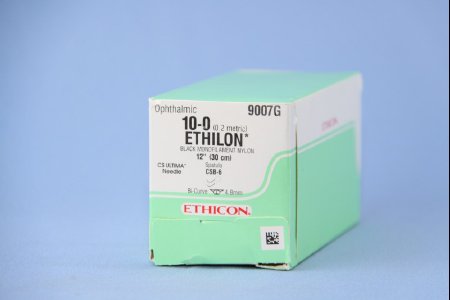 Picture of Suture with Needle Ethilon™ Nonabsorbable Uncoated Black Suture Monofilament Nylon Size 10 - 0 12 Inch Suture Double-Armed 5 mm Length Bi-Curve Spatula Needle9007G
