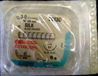 Picture of Suture with Needle Perma-Hand™ Nonabsorbable Coated Black Suture Braided Silk Size 3 - 0 18 Inch Suture 1-Needle 26 mm Length 1/2 Circle Taper Point NeedleC013D