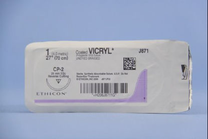 Picture of Suture with Needle Coated Vicryl™ Absorbable Coated Undyed Suture Braided Polyglactin 910 Size 1 27 Inch Suture 1-Needle 26 mm Length 1/2 Circle Reverse Cutting NeedleJ871H