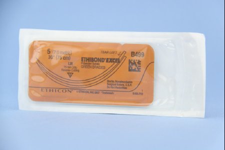 Picture of Suture with Needle Ethibond Nonabsorbable Coated Green Suture Braided Polyester Size 5 30 Inch Suture Double-Armed 75 mm Length 3/8 Circle Reverse Cutting NeedleB499T