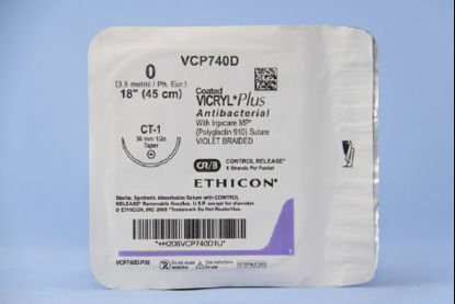 Picture of Antibacterial Suture with Needle Coated Vicryl™ Plus Absorbable Coated Violet Suture Braided Polyglactin 910 with Irgacare MP Antibacterial Suture Size 0 18 Inch Suture 1-Needle 36 mm Length 1/2 Circle Taper Point NeedleVCP740D