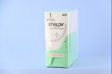 Picture of Suture with Needle Ethilon™ Nonabsorbable Uncoated Black Suture Monofilament Nylon Size 1 30 Inch Suture Double-Armed 75 mm Length 3/8 Circle Reverse Cutting Needle489T