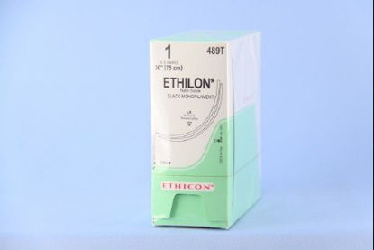 Picture of Suture with Needle Ethilon™ Nonabsorbable Uncoated Black Suture Monofilament Nylon Size 1 30 Inch Suture Double-Armed 75 mm Length 3/8 Circle Reverse Cutting Needle489T