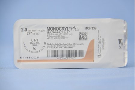 Picture of Antibacterial Suture with Needle Monocryl™ Plus Absorbable Uncoated Violet Suture Poliglecaprone 25 with Irgacare MP Antibacterial Suture Size 2 - 0 27 Inch Suture 1-Needle 36 mm Length 1/2 Circle Taper Point NeedleMCP339H