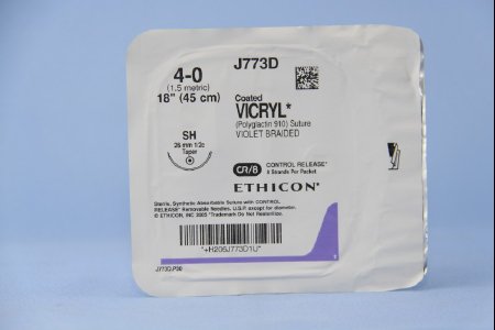 Picture of Suture with Needle Coated Vicryl™ Absorbable Coated Violet Suture Braided Polyglactin 910 Size 4 - 0 18 Inch Suture 1-Needle 26 mm Length 1/2 Circle Taper Point NeedleJ773D