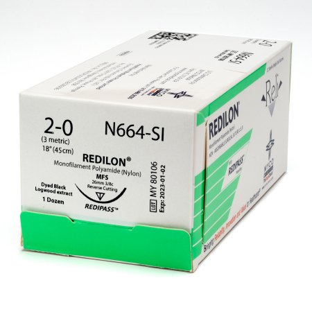 Picture of Suture with Needle Reli® Redilon™ Nonabsorbable Uncoated Black Suture Monofilament Nylon Size 2 - 0 18 Inch Suture 1-Needle 26 mm Length 3/8 Circle Reverse Cutting NeedleN664-M