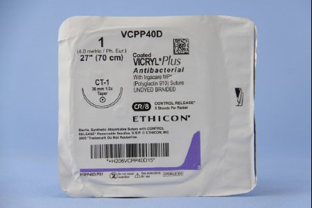 Picture of Antibacterial Suture with Needle Coated Vicryl™ Plus Absorbable Coated Undyed Suture Braided Polyglactin 910 with Irgacare MP Antibacterial Suture Size 1 27 Inch Suture 1-Needle 36 mm Length 1/2 Circle Taper Point NeedleVCPP40D
