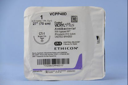 Picture of Antibacterial Suture with Needle Coated Vicryl™ Plus Absorbable Coated Undyed Suture Braided Polyglactin 910 with Irgacare MP Antibacterial Suture Size 1 27 Inch Suture 1-Needle 36 mm Length 1/2 Circle Taper Point NeedleVCPP40D