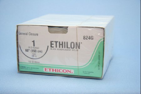 Picture of Suture with Needle Ethilon™ Nonabsorbable Uncoated Black Suture Monofilament Nylon Size 1 60 Inch Suture Double-Armed 65 mm Length 1/2 Circle Taper Point Needle824G