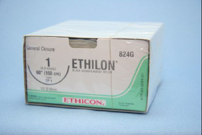 Picture of Suture with Needle Ethilon™ Nonabsorbable Uncoated Black Suture Monofilament Nylon Size 1 60 Inch Suture Double-Armed 65 mm Length 1/2 Circle Taper Point Needle824G
