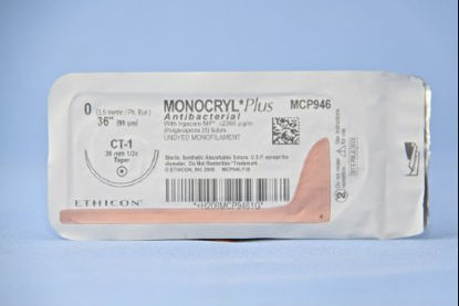 Picture of Antibacterial Suture with Needle Monocryl™ Plus Absorbable Uncoated Undyed Suture Poliglecaprone 25 with Irgacare MP Antibacterial Suture Size 0 36 Inch Suture 1-Needle 36 mm Length 1/2 Circle Taper Point NeedleMCP946H