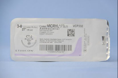 Picture of Antibacterial Suture with Needle Coated Vicryl™ Plus Absorbable Coated Violet Suture Braided Polyglactin 910 with Irgacare MP Antibacterial Suture Size 3 - 0 27 Inch Suture 1-Needle 26 mm Length 1/2 Circle Taper Point NeedleVCP332H
