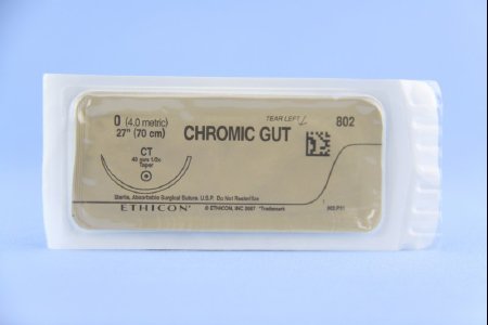 Picture of Suture with Needle Absorbable Uncoated Undyed Suture Chromic Gut Size 0 27 Inch Suture 1-Needle 40 mm Length 1/2 Circle Taper Point Needle802H