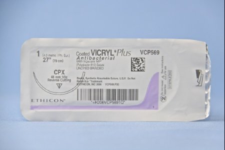 Picture of Antibacterial Suture with Needle Coated Vicryl™ Plus Absorbable Coated Undyed Suture Braided Polyglactin 910 with Irgacare MP Antibacterial Suture Size 1 27 Inch Suture 1-Needle 48 mm Length 1/2 Circle Reverse Cutting NeedleVCP569H