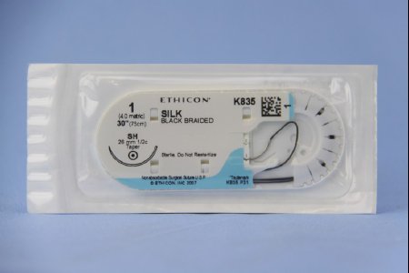 Picture of Suture with Needle Perma-Hand™ Nonabsorbable Coated Black Suture Braided Silk Size 1 30 Inch Suture 1-Needle 26 mm Length 1/2 Circle Taper Point NeedleK835H