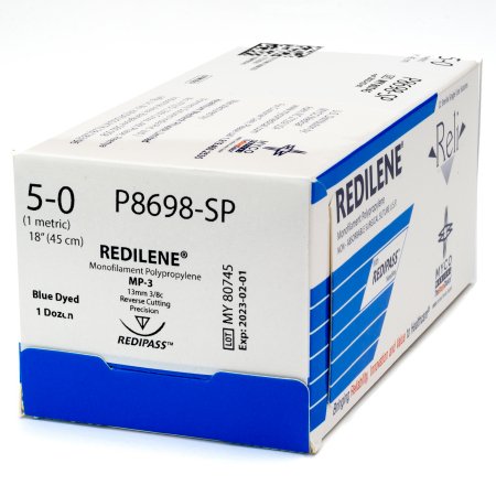 Picture of Suture with Needle Reli® Redilene™ Nonabsorbable Uncoated Blue Suture Monofilament Polypropylene Suture Size 5 - 0 18 Inch Suture 1-Needle 13 mm Length 3/8 Circle Conventional Cutting NeedleP8698-M
