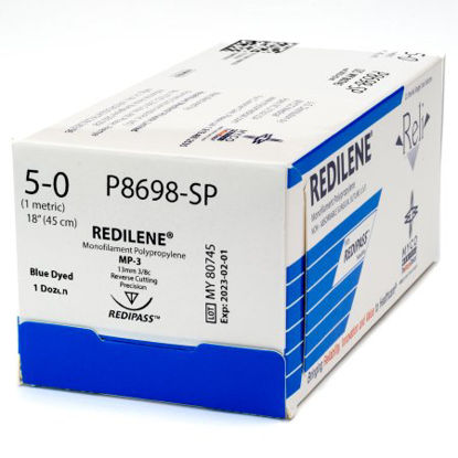 Picture of Suture with Needle Reli® Redilene™ Nonabsorbable Uncoated Blue Suture Monofilament Polypropylene Suture Size 5 - 0 18 Inch Suture 1-Needle 13 mm Length 3/8 Circle Conventional Cutting NeedleP8698-M