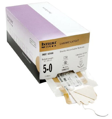 Picture of Suture with Needle Integra® Absorbable Uncoated Undyed Suture Chromic Gut Size 5 - 0 18 Inch Suture 1-Needle 13 mm Length 3/8 Circle Reverse Cutting Needle62500