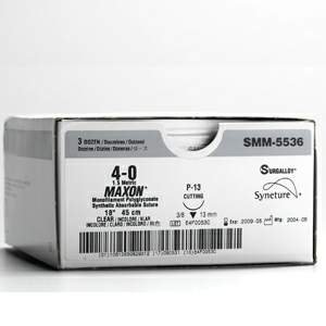 Picture of Suture with Needle Maxon™ Absorbable Uncoated Clear Suture Monofilament Polyglyconate Size 4 - 0 30 Inch Suture 1-Needle 19 mm Length 3/8 Circle Reverse Cutting NeedleSMM-5323