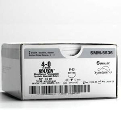 Picture of Suture with Needle Maxon™ Absorbable Uncoated Clear Suture Monofilament Polyglyconate Size 5 - 0 18 Inch Suture 1-Needle 16 mm Length 3/8 Circle Reverse Cutting NeedleSMM-5221