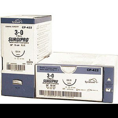 Picture of Suture with Needle Surgipro™ Nonabsorbable Uncoated Blue Suture Monofilament Polypropylene Suture Size 10 - 0 12 Inch Suture Double-Armed 6 mm Length 3/8 Circle Spatula NeedleP-2771K