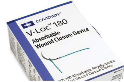 Picture of Suture with Needle V-Loc™ 180 Wound Closure Device Absorbable Uncoated Clear Suture Barbed Monofilament Polyglyconate Size 3 - 0 24 Inch Suture 1-Needle 19 mm Length 3/8 Circle Reverse Cutting NeedleVLOCL0034