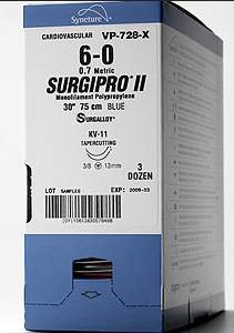 Picture of Suture with Needle Surgipro™ Nonabsorbable Uncoated Blue Suture Monofilament Polypropylene Suture Size 10 - 0 12 Inch Suture Double-Armed 6 mm Length 1/2 Circle Spatula NeedleP-2756K