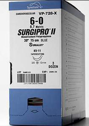 Picture of Suture with Needle Surgipro™ Nonabsorbable Uncoated Blue Suture Monofilament Polypropylene Suture Size 10 - 0 12 Inch Suture Double-Armed 6 mm Length 1/2 Circle Spatula NeedleP-2756K
