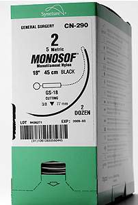 Picture of Suture with Needle Monosof™~Dermalon™ Nonabsorbable Uncoated Black Suture Monofilament Nylon Size 10 - 0 8 Inch Suture Double-Armed 5 mm Length Compound Curve Spatula NeedleN-2721-K