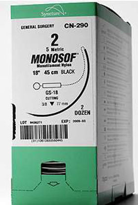 Picture of Suture with Needle Monosof™~Dermalon™ Nonabsorbable Uncoated Black Suture Monofilament Nylon Size 10 - 0 8 Inch Suture Double-Armed 5 mm Length Compound Curve Spatula NeedleN-2721-K
