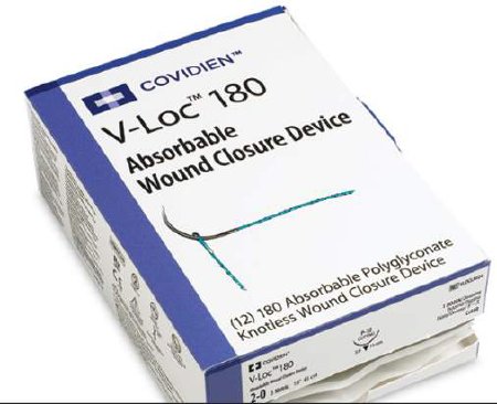 Picture of Suture with Needle V-Loc™ 180 Wound Closure Device Absorbable Uncoated Clear Suture Barbed Monofilament Polyglyconate Size 3 - 0 6 Inch Suture 1-Needle 19 mm Length 3/8 Circle Reverse Cutting NeedleVLOCL0004