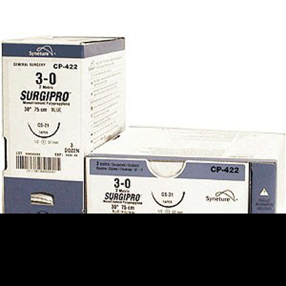 Picture of Suture with Needle Surgipro™ Nonabsorbable Uncoated Blue Suture Monofilament Polypropylene Suture Size 4 - 0 30 Inch Suture 1-Needle 16 mm Length 3/8 Circle Reverse Cutting NeedleSP-631