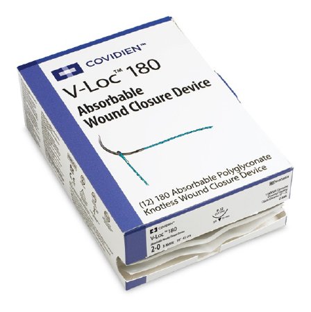 Picture of Suture with Needle V-Loc™ 180 Wound Closure Device Absorbable Uncoated Clear Suture Barbed Monofilament Polyglyconate Size 3 - 0 12 Inch Suture 1-Needle 24 mm Length 3/8 Circle Reverse Cutting NeedleVLOCL0114