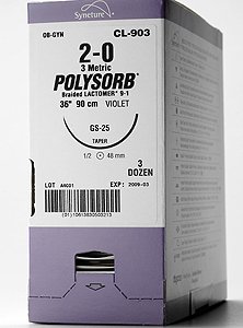 Picture of Suture with Needle Polysorb™ Absorbable Coated Violet Suture Braided Polyester Size 7 - 0 12 Inch Suture Double-Armed 6 mm Length 3/8 Circle Spatula NeedleL-1796K