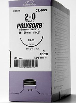 Picture of Suture with Needle Polysorb™ Absorbable Coated Violet Suture Braided Polyester Size 7 - 0 12 Inch Suture Double-Armed 6 mm Length 3/8 Circle Spatula NeedleL-1796K