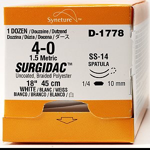 Picture of Suture with Needle Surgidac™ Nonabsorbable Uncoated White Suture Braided Polyester Size 4 - 0 18 Inch Suture Double-Armed 8 mm Length 1/4 Circle Spatula NeedleD-1763K