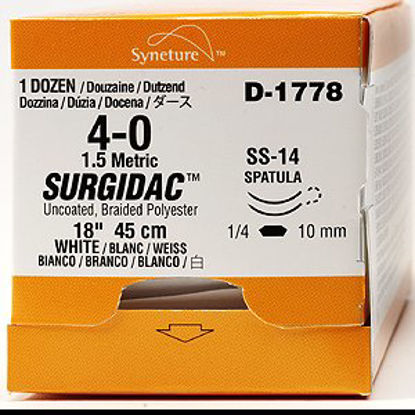 Picture of Suture with Needle Surgidac™ Nonabsorbable Uncoated White Suture Braided Polyester Size 4 - 0 18 Inch Suture Double-Armed 8 mm Length 1/4 Circle Spatula NeedleD-1763K