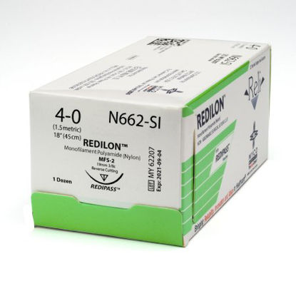 Picture of Suture with Needle Reli® Redilon™ Nonabsorbable Uncoated Black Suture Monofilament Nylon Size 4 - 0 18 Inch Suture 1-Needle 19 mm Length 3/8 Circle Reverse Cutting NeedleN662-M