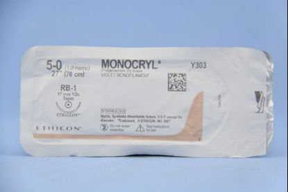 Picture of Suture with Needle Monocryl™ Absorbable Uncoated Violet Suture Monofilament Poliglecaprone Size 5 - 0 27 Inch Suture 1-Needle 17 mm Length 1/2 Circle Taper Point NeedleY303H