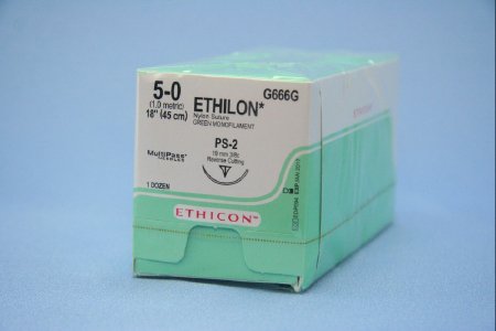 Picture of Suture with Needle Ethilon™ Nonabsorbable Uncoated Green Suture Monofilament Nylon Size 5 - 0 18 Inch Suture 1-Needle 19 mm Length 3/8 Circle Precision Point - Reverse Cutting NeedleG666G