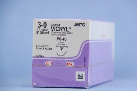 Picture of Suture with Needle Coated Vicryl™ Absorbable Coated Undyed Suture Braided Polyglactin 910 Size 3 - 0 18 Inch Suture 1-Needle 16 mm Length 1/2 Circle - Compound Curve Reverse Cutting NeedleJ657G